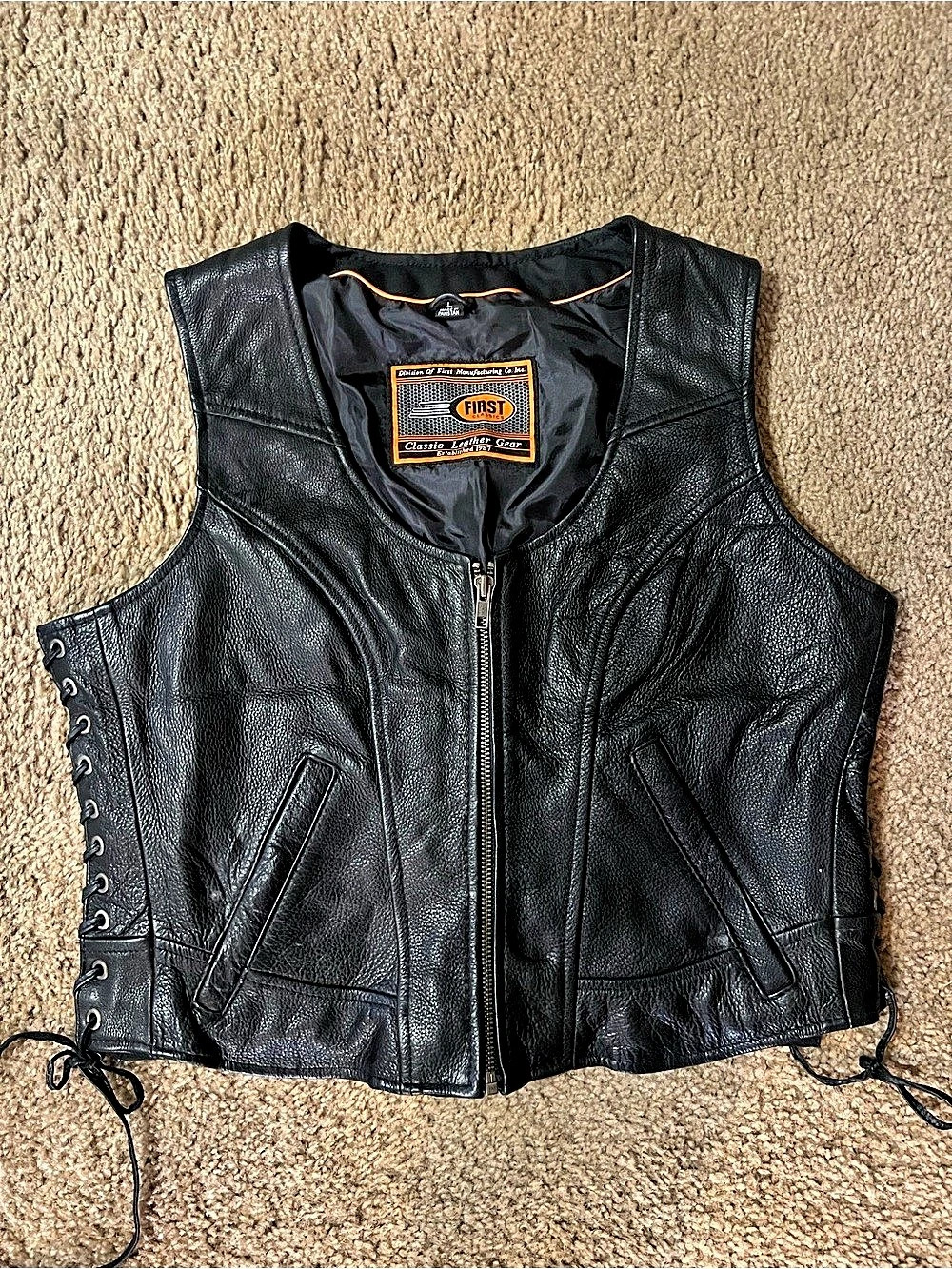 First Classics Classic Leather Gear Side-Lace Motorcycle Vest Black Sz large